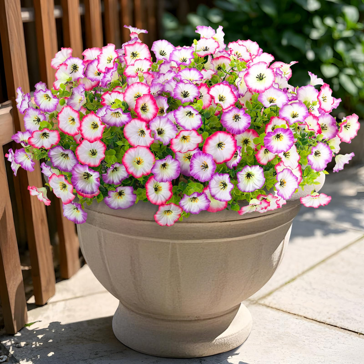 Hrobek artificial morning glory and eucalyptus bouquet for outdoor porch decor.