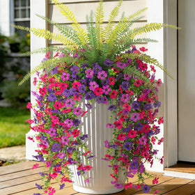 Hrobek artificial hanging flowers with daisies and Boston ferns for year-round curb appeal.