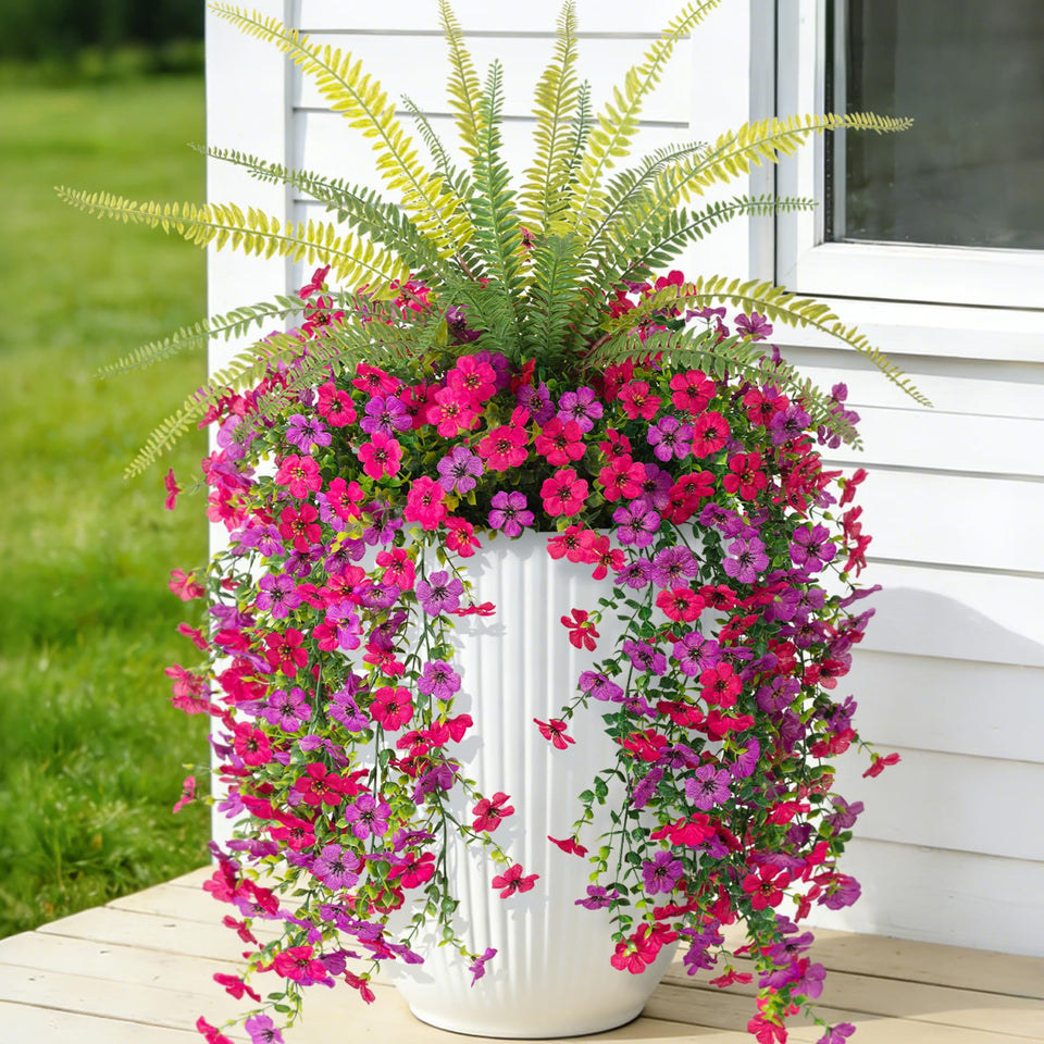 Hrobek artificial hanging flowers with daisy and Boston fern for outdoor year-round charm.