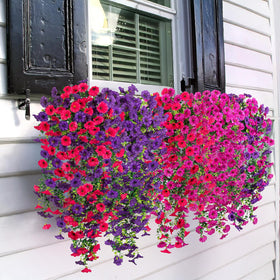 Hrobek artificial hanging petunias eucalyptus branch detail on sturdy leaves.