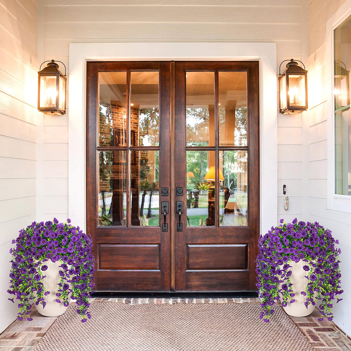 Hrobek artificial hanging petunias outdoor display in sunlit porch.