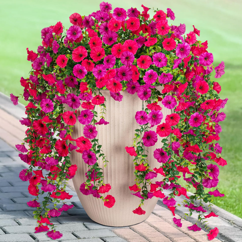 Hrobek artificial hanging petunias in purple and hot pink add vibrant color to outdoor porches.