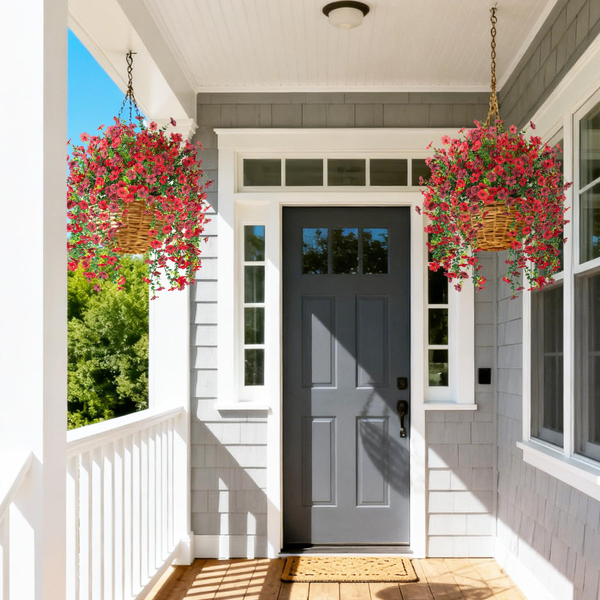 Hrobek display on outdoor porch with vibrant artificial greens