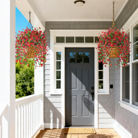 Hrobek display on outdoor porch with vibrant artificial greens