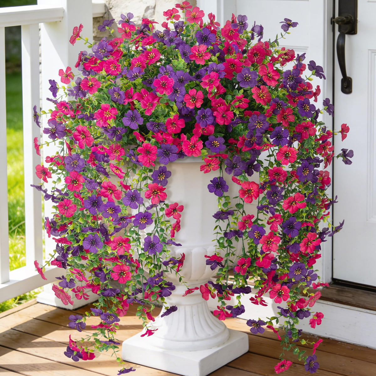 Hrobek fake hanging flowers outdoor 2-pack enhances porch decor with UV-resistant realism.