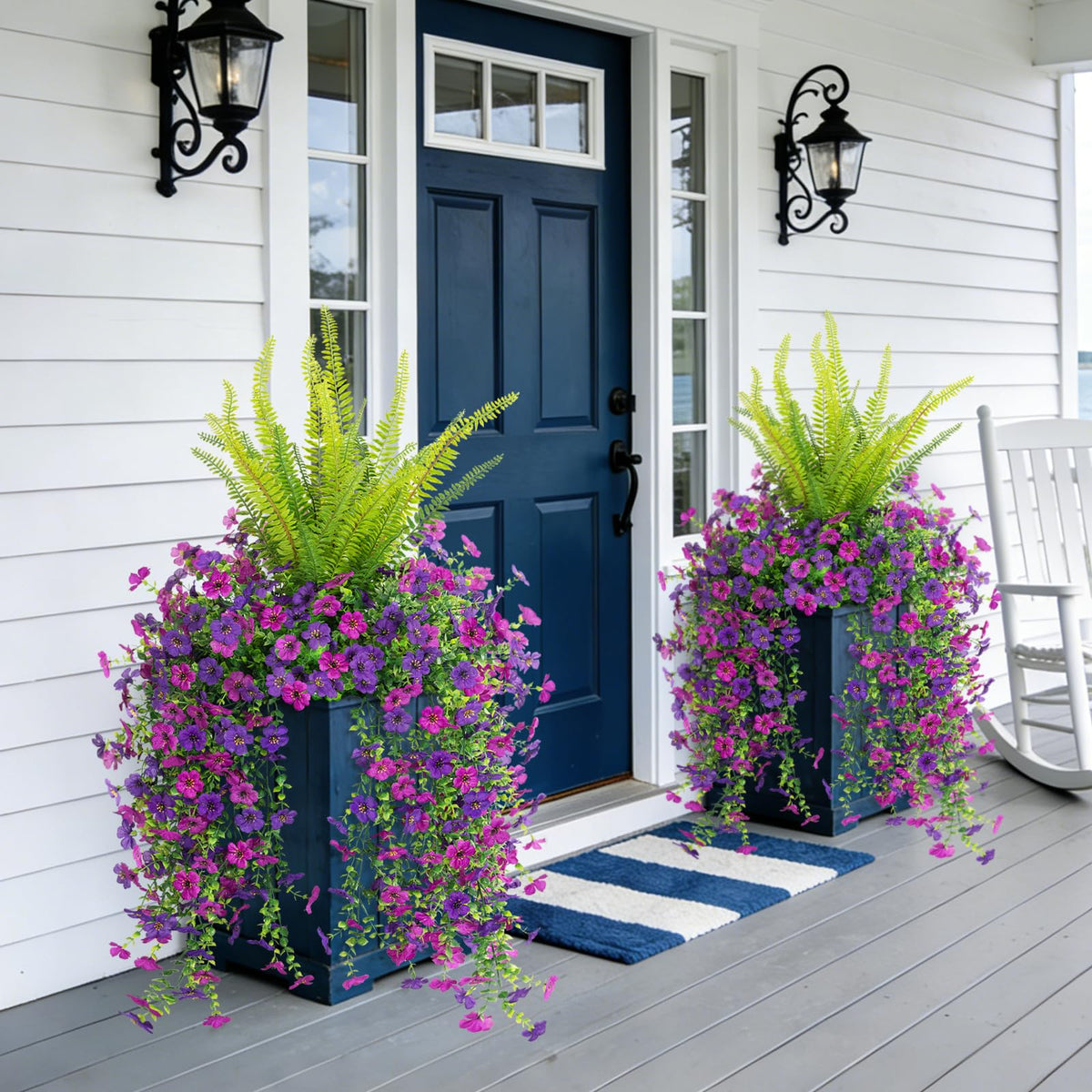 Hrobek front door decor featuring daisies and ferns creates a welcoming entrance.