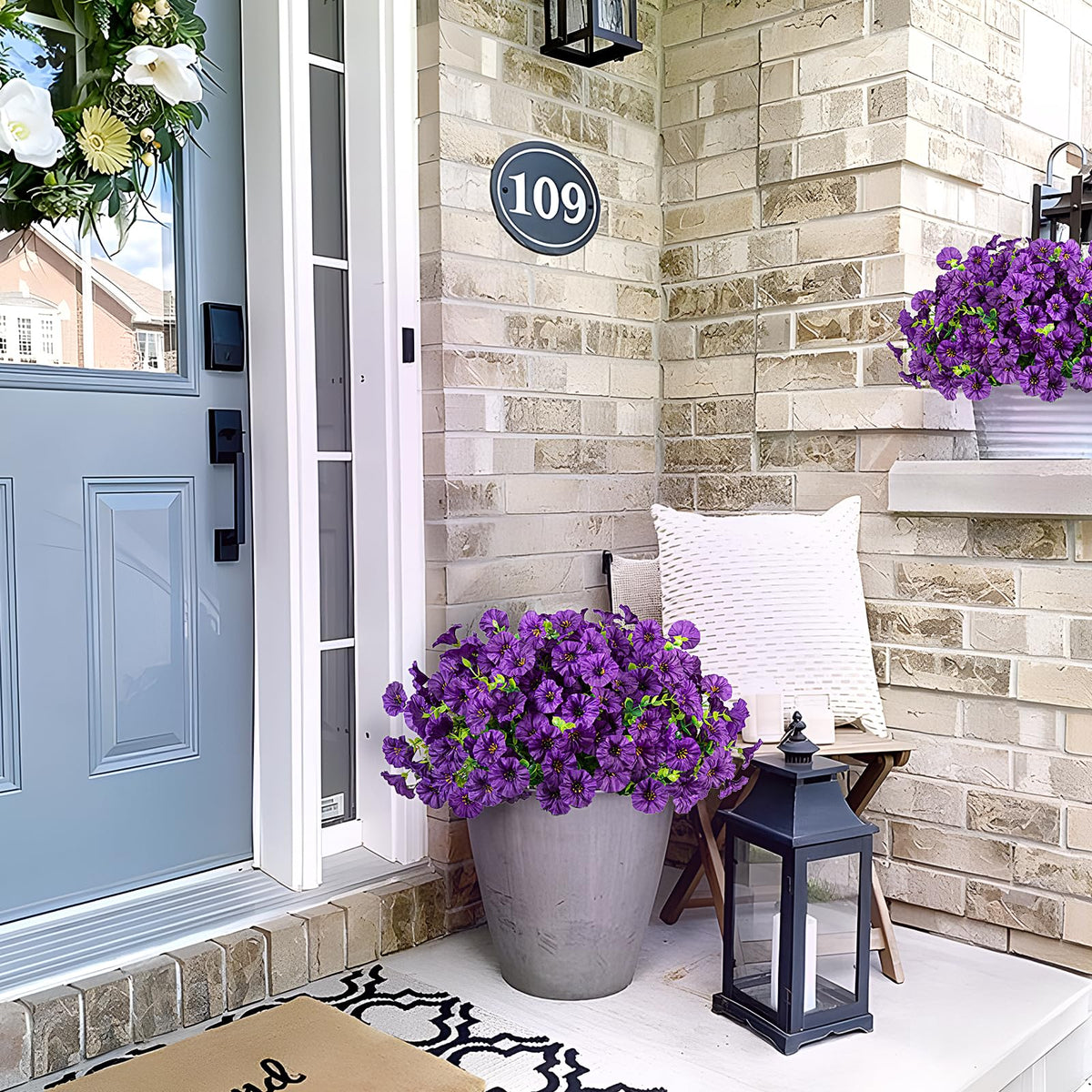 Hrobek front-door bouquet setup showing easy maintenance and evergreen color.