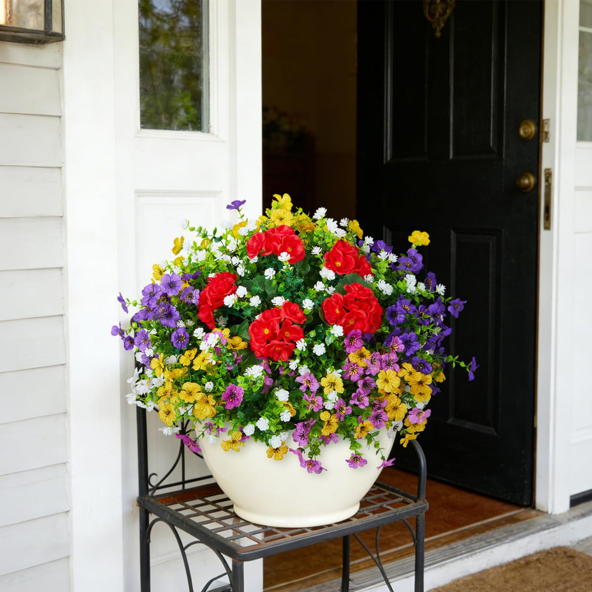 Hrobek front-yard patio decor adds lasting sunny ambiance.