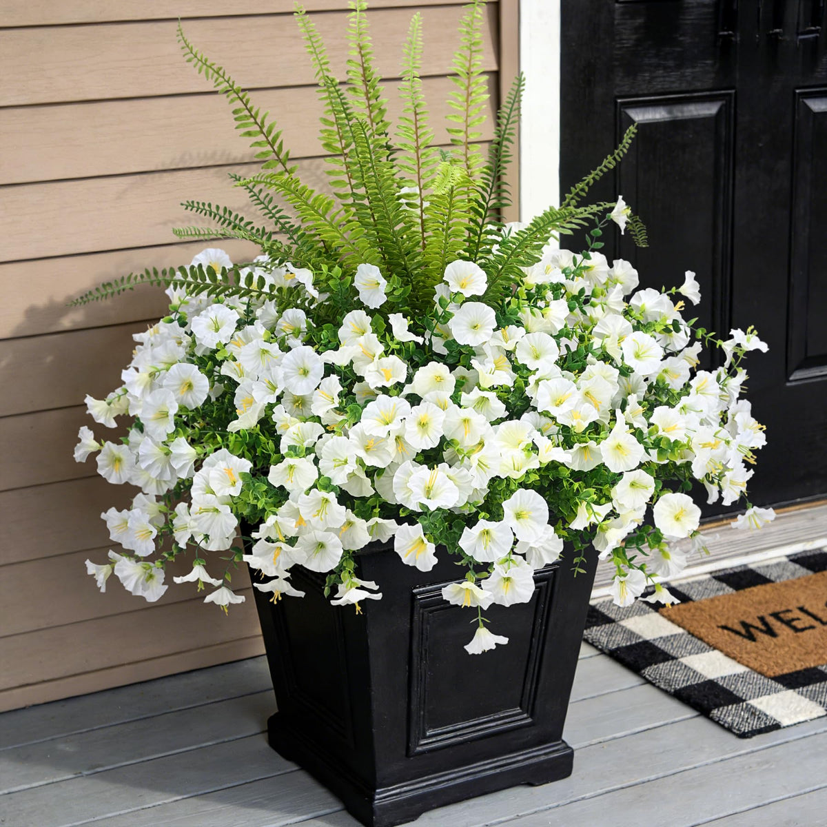 Hrobek morning glory faux flowers outdoors, crisp white blooms, UV-resistant, ideal for porch decor.