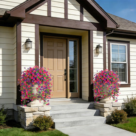 Hrobek porch decor with faux flowers adds year-round charm to entryways.