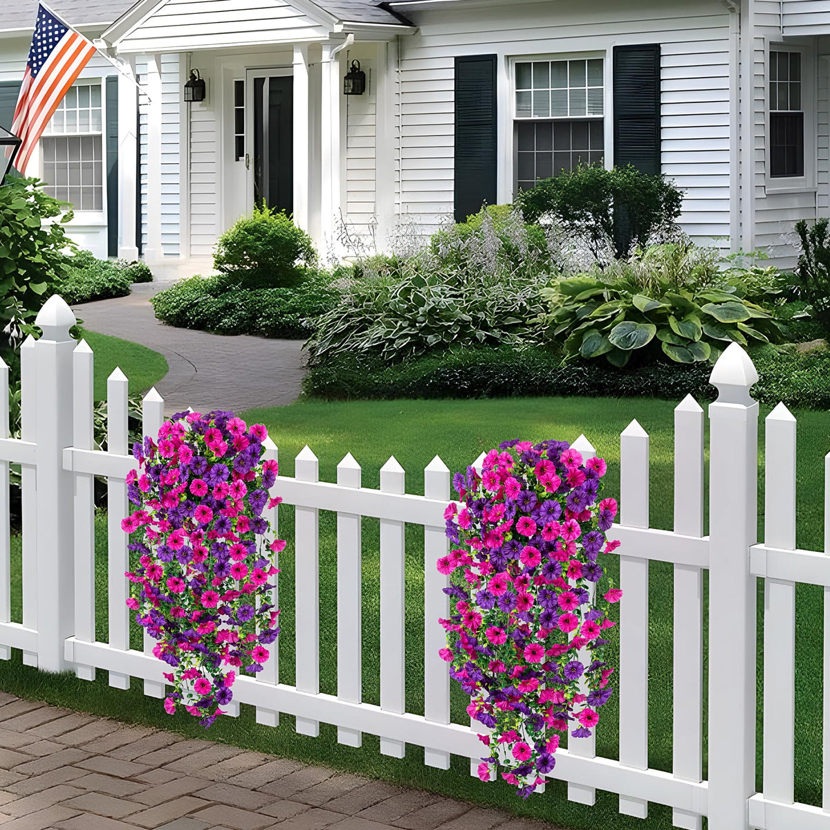 Hrobek purple faux petunias and eucalyptus for outdoor decor in a pot or railing