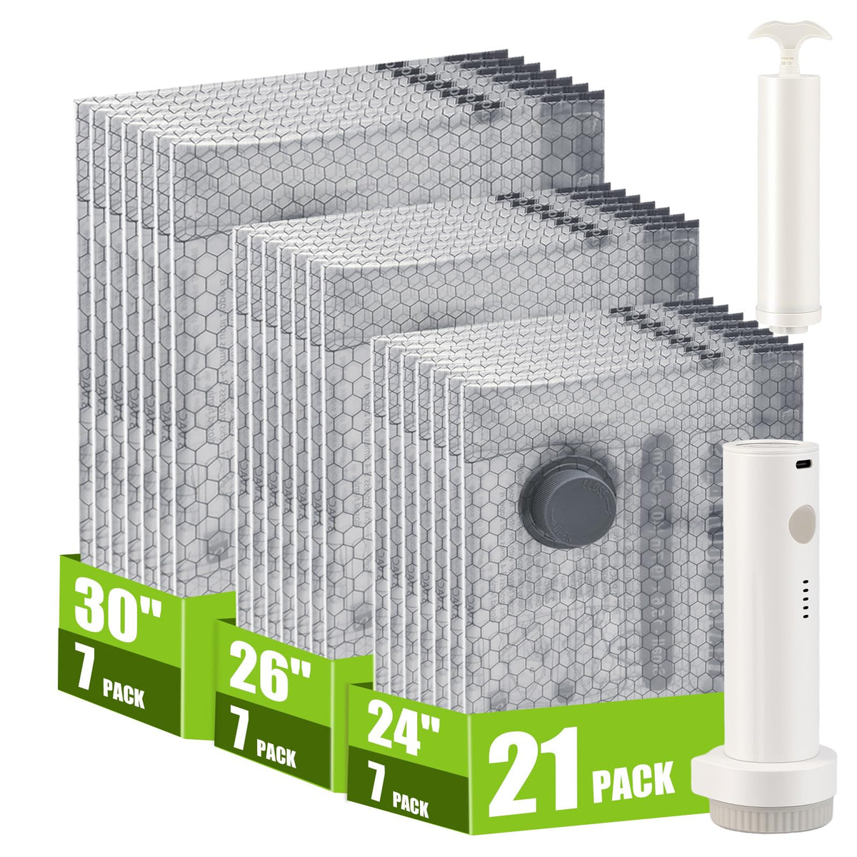 HRSDEIE 21-pack vacuum seal bags showcase durable material for long-lasting clothing protection.