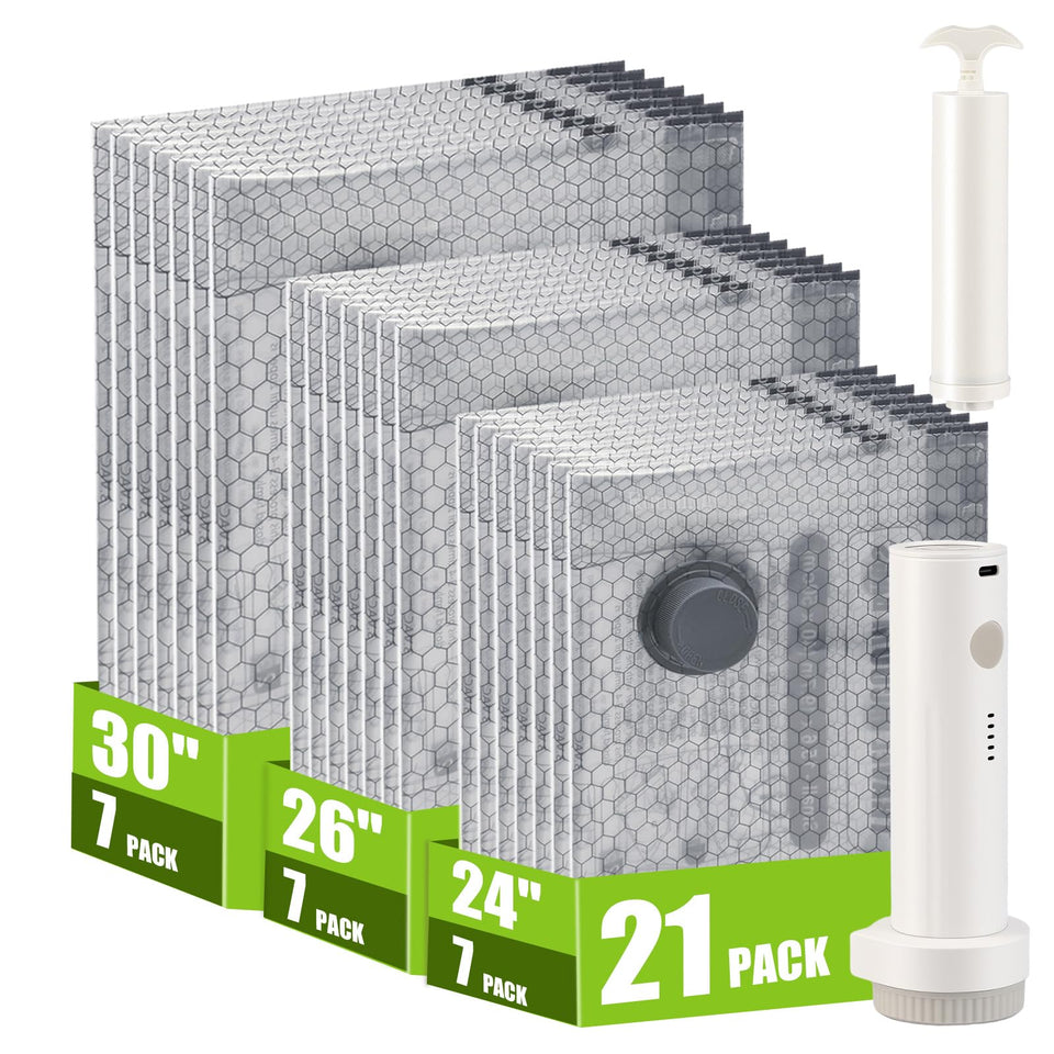 HRSDEIE 21-pack vacuum seal bags showcase durable material for long-lasting clothing protection.