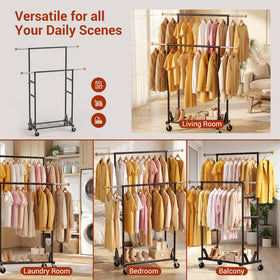 HRUSGO rack in black finish fits small spaces while keeping garments tidy