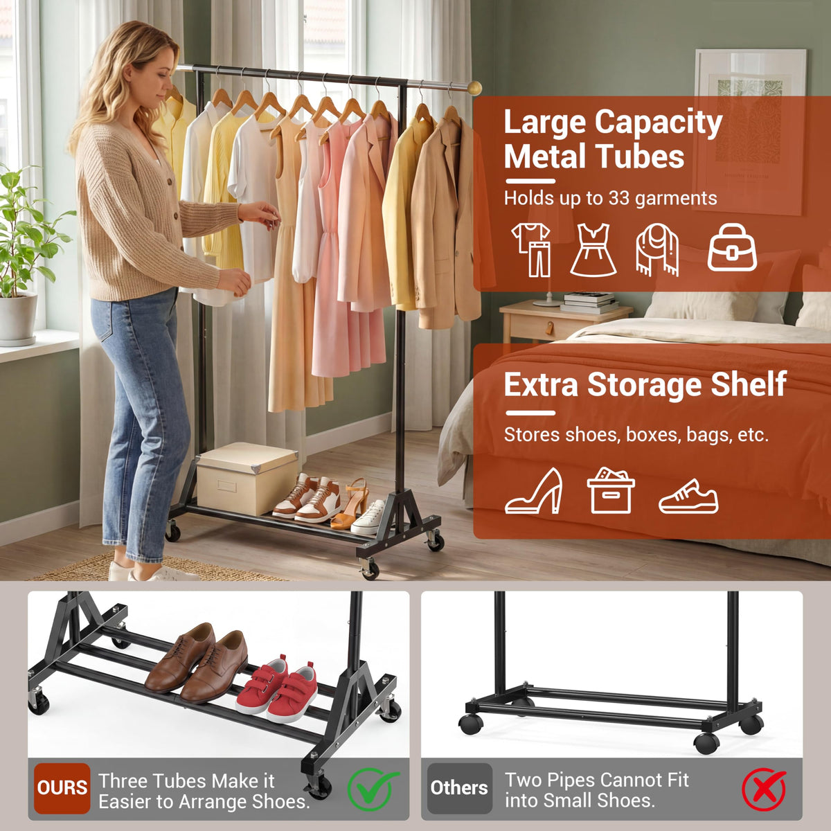 HRUSGO rolling garment rack open lower shelf stores shoes and accessories.