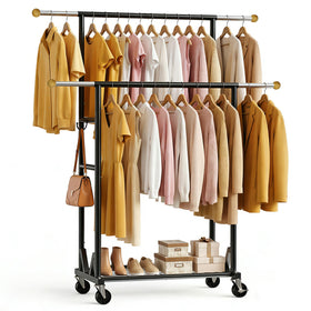HRUSGO rolling garment rack with double rod for organized coats and dresses