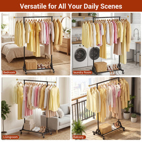 Freestanding HRUSGO rack provides versatile closet organization in bedrooms or laundry.