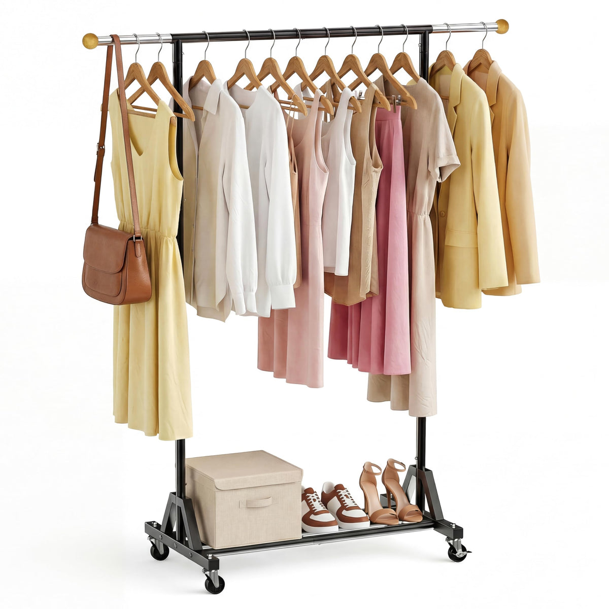 HRUSGO rolling garment rack with extended top rod for longer garments.