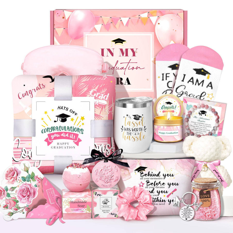 HSOEIXL graduation gift box collection highlighting 16 thoughtful items.