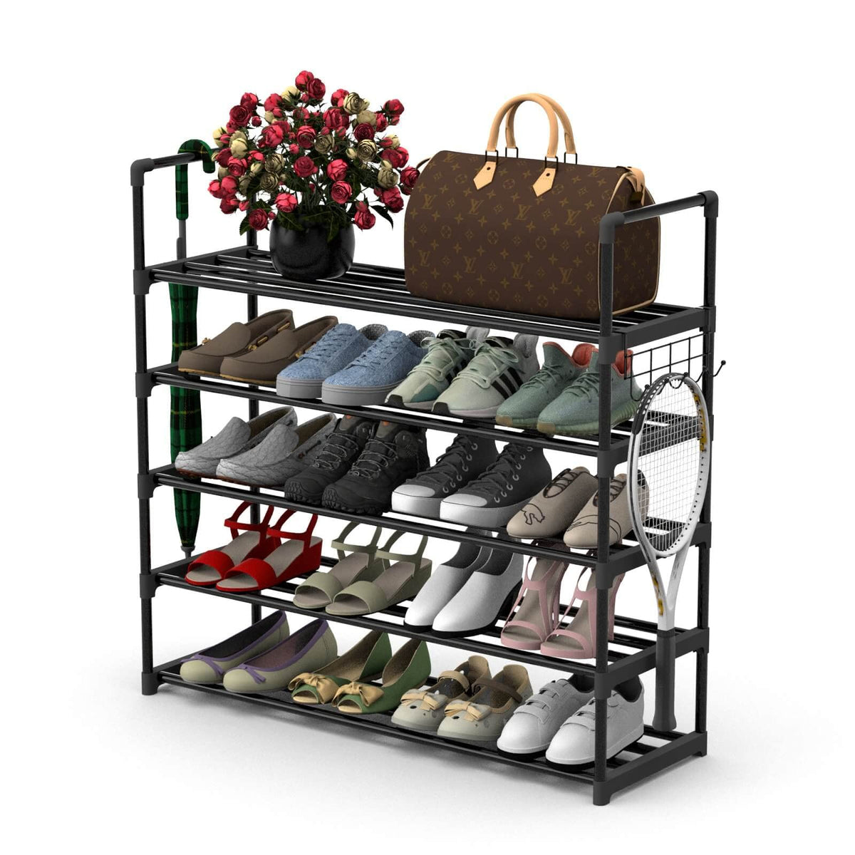 Hsscblet 5-tier shoe rack assembly shows tool-free setup for quick organization.