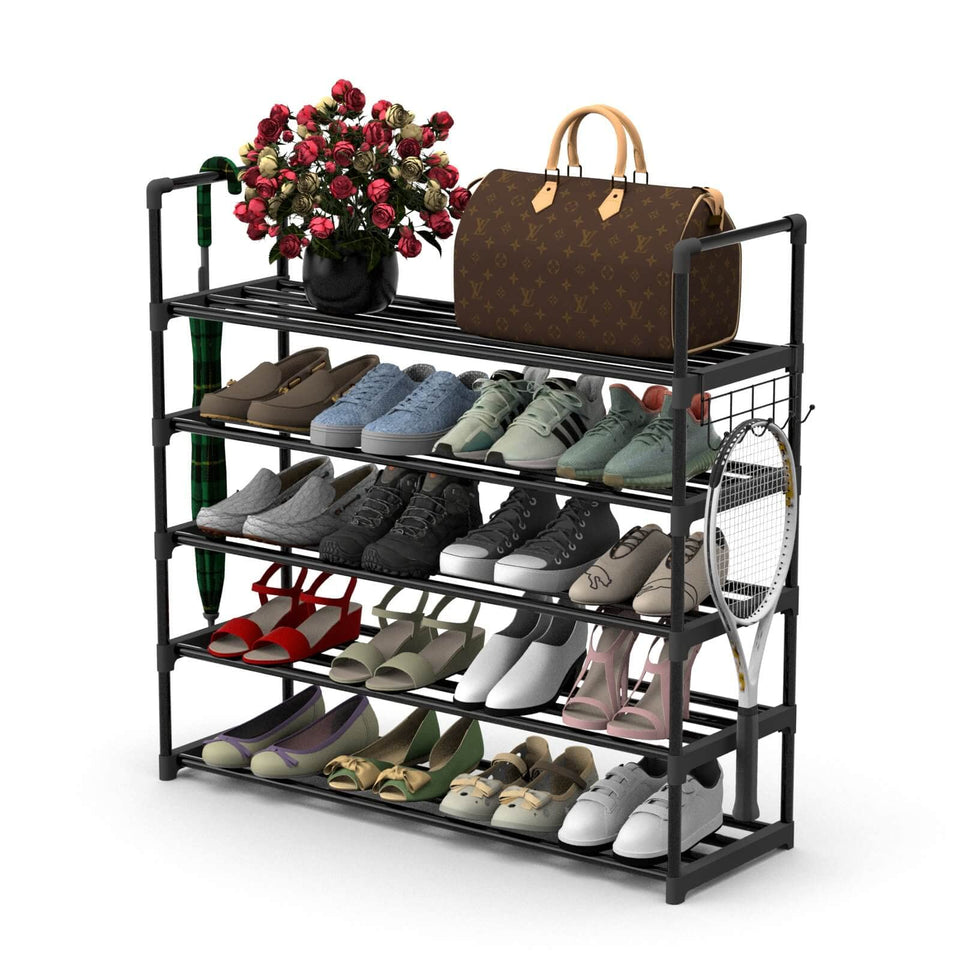 Hsscblet 5-tier shoe rack assembly shows tool-free setup for quick organization.