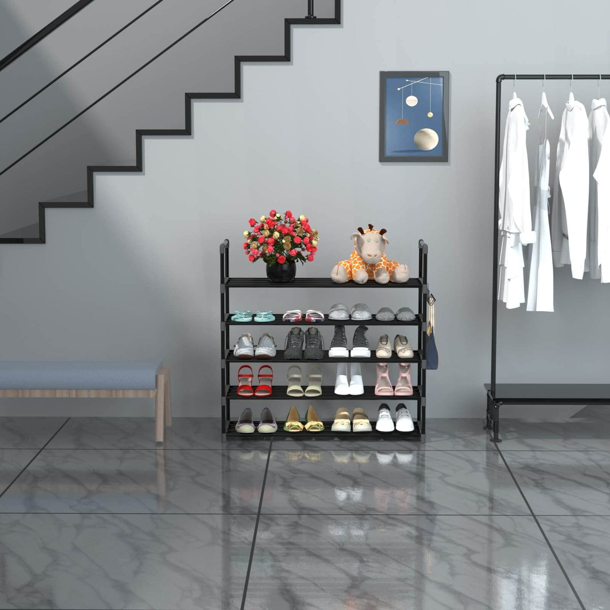 Hsscblet rack with removable shelf for boots or larger items.
