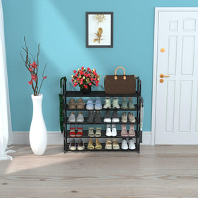 Hsscblet shoe rack side hooks demonstrate additional hanging storage.