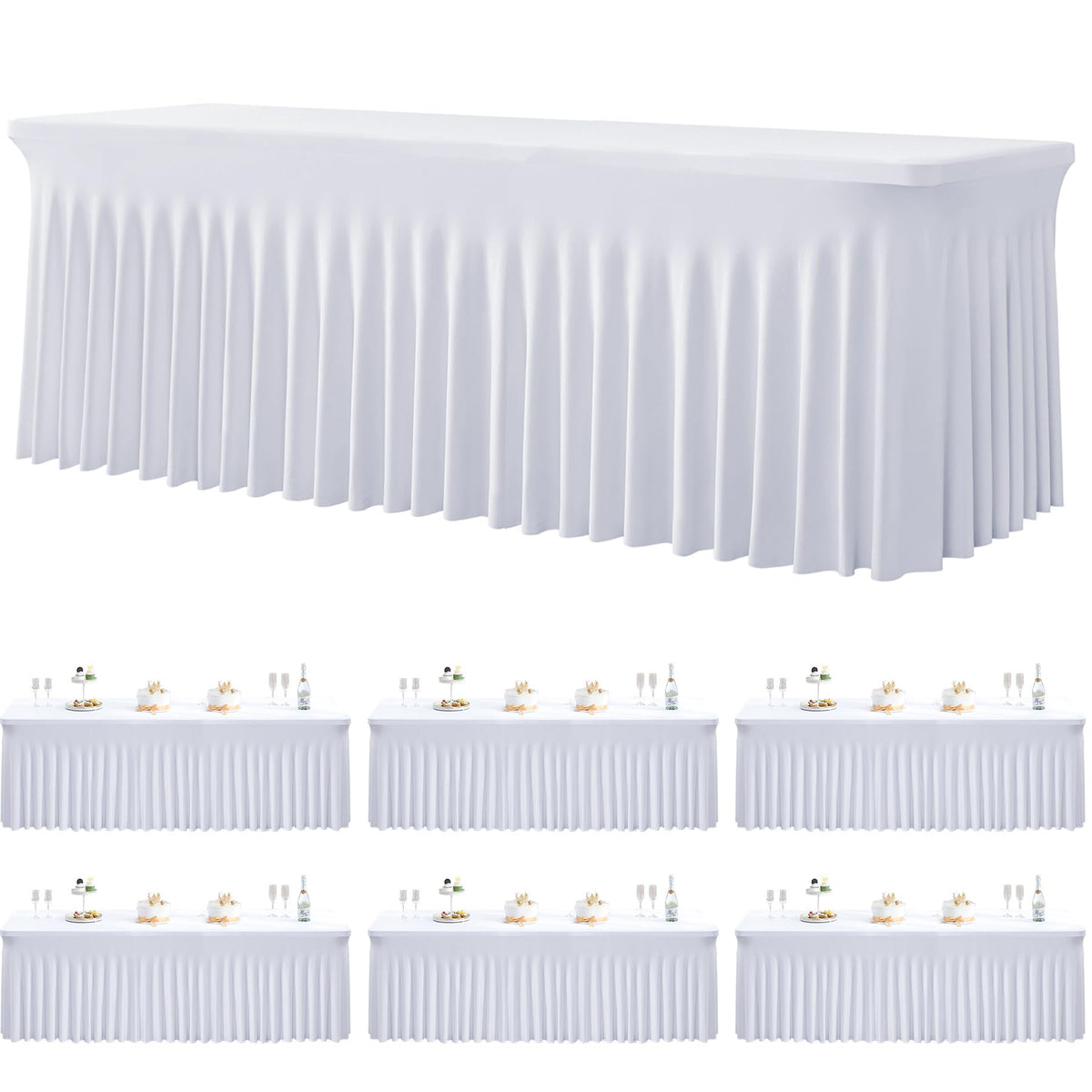 Htper 6-pack spandex white tablecloths on an 8ft table for a clean, secure fit.