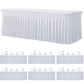Htper 6-pack spandex white tablecloths on an 8ft table for a clean, secure fit.