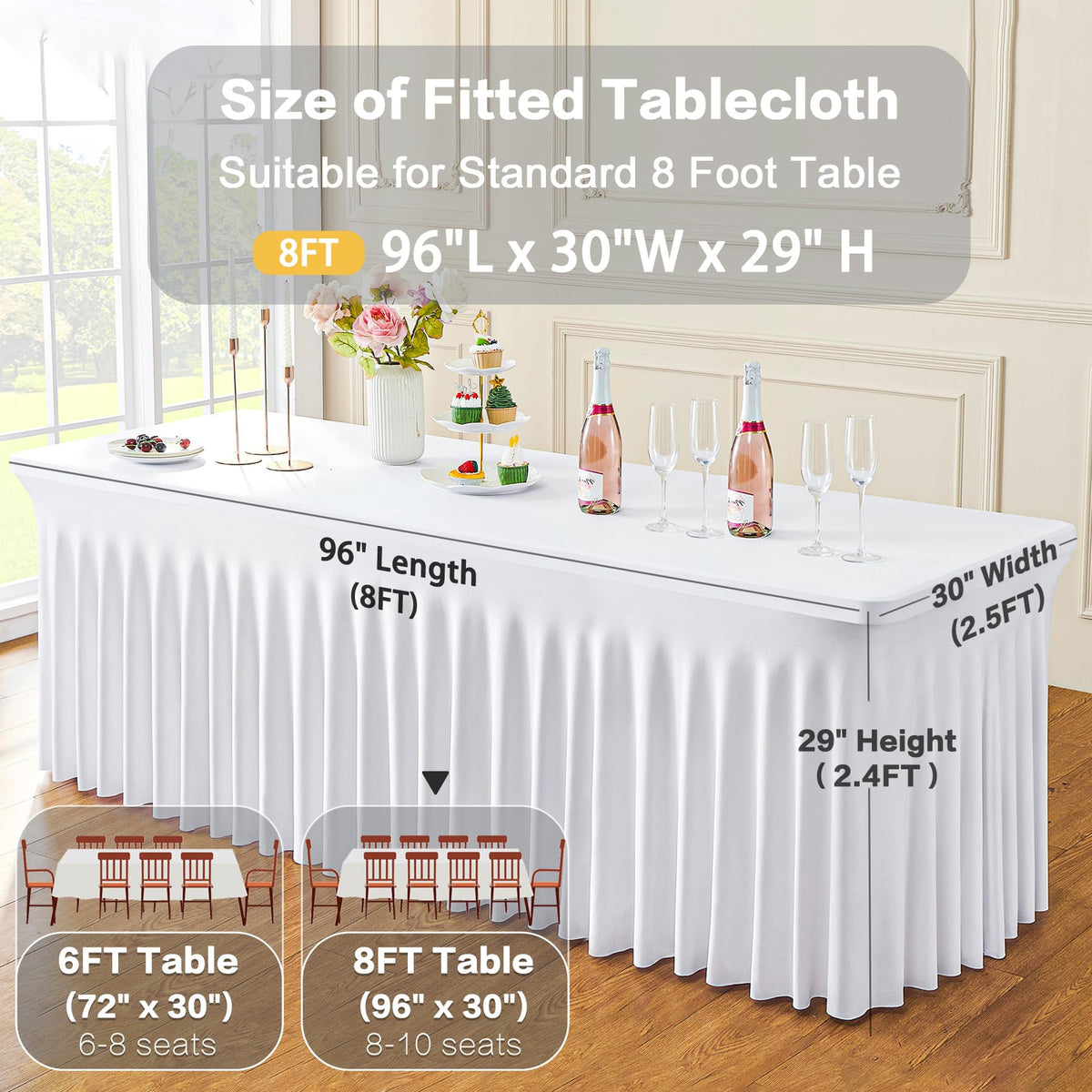Htper white pleated-look tablecloths enhance party tables with subtle luxury.