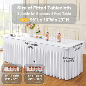 Htper white pleated-look tablecloths enhance party tables with subtle luxury.