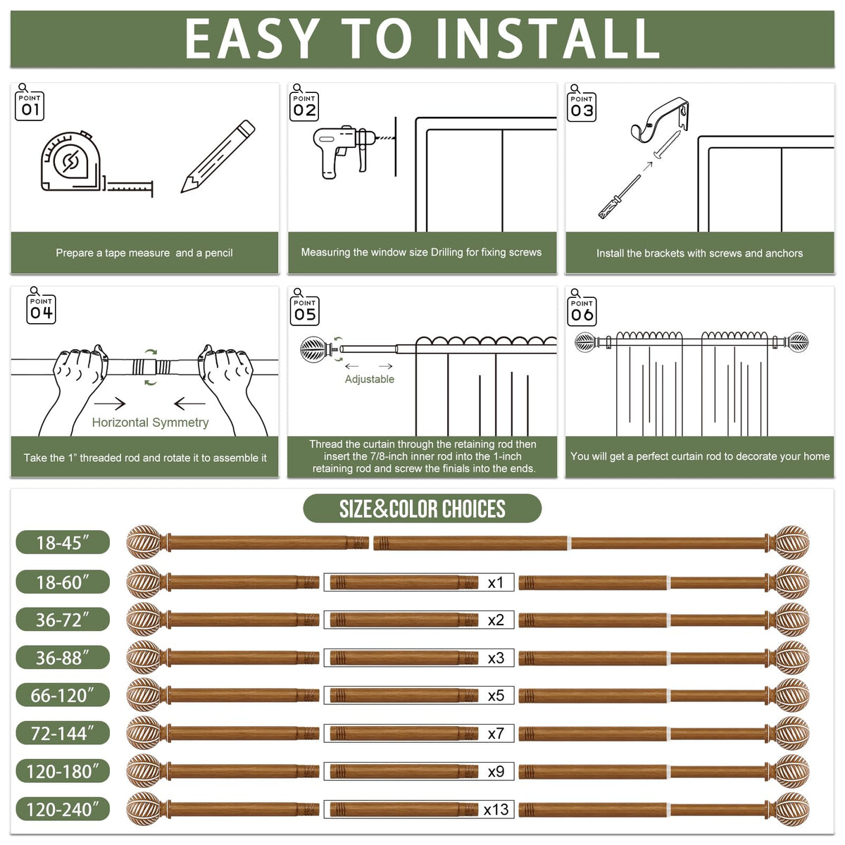HTZON brown curtain rod complements living rooms and nurseries.