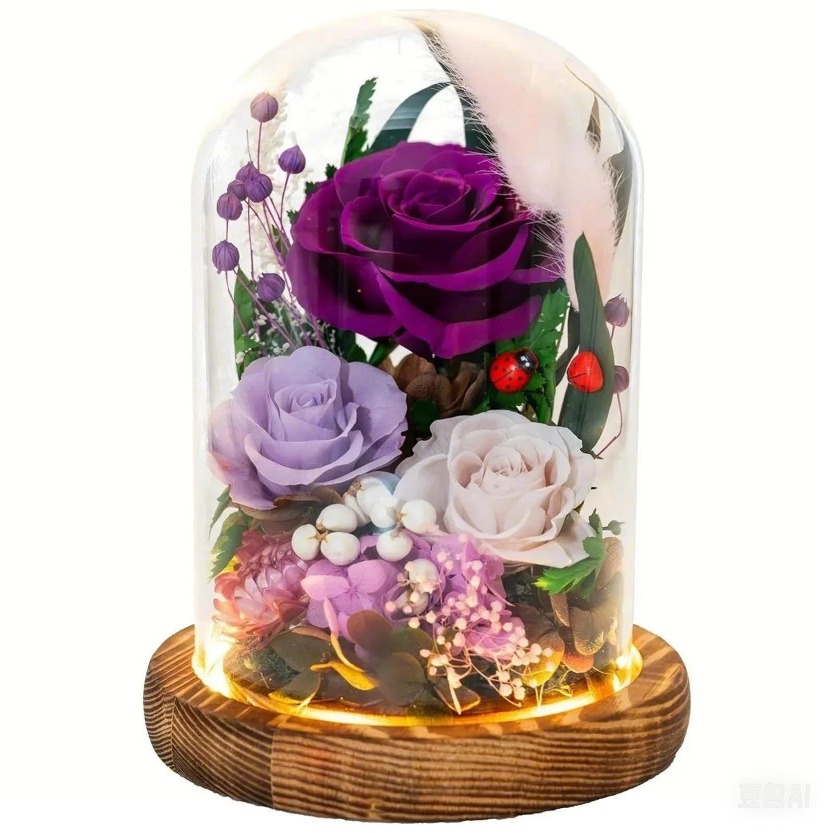 HUACHIPLUS Forever Flower in glass dome with two ladybugs for a romantic centerpiece
