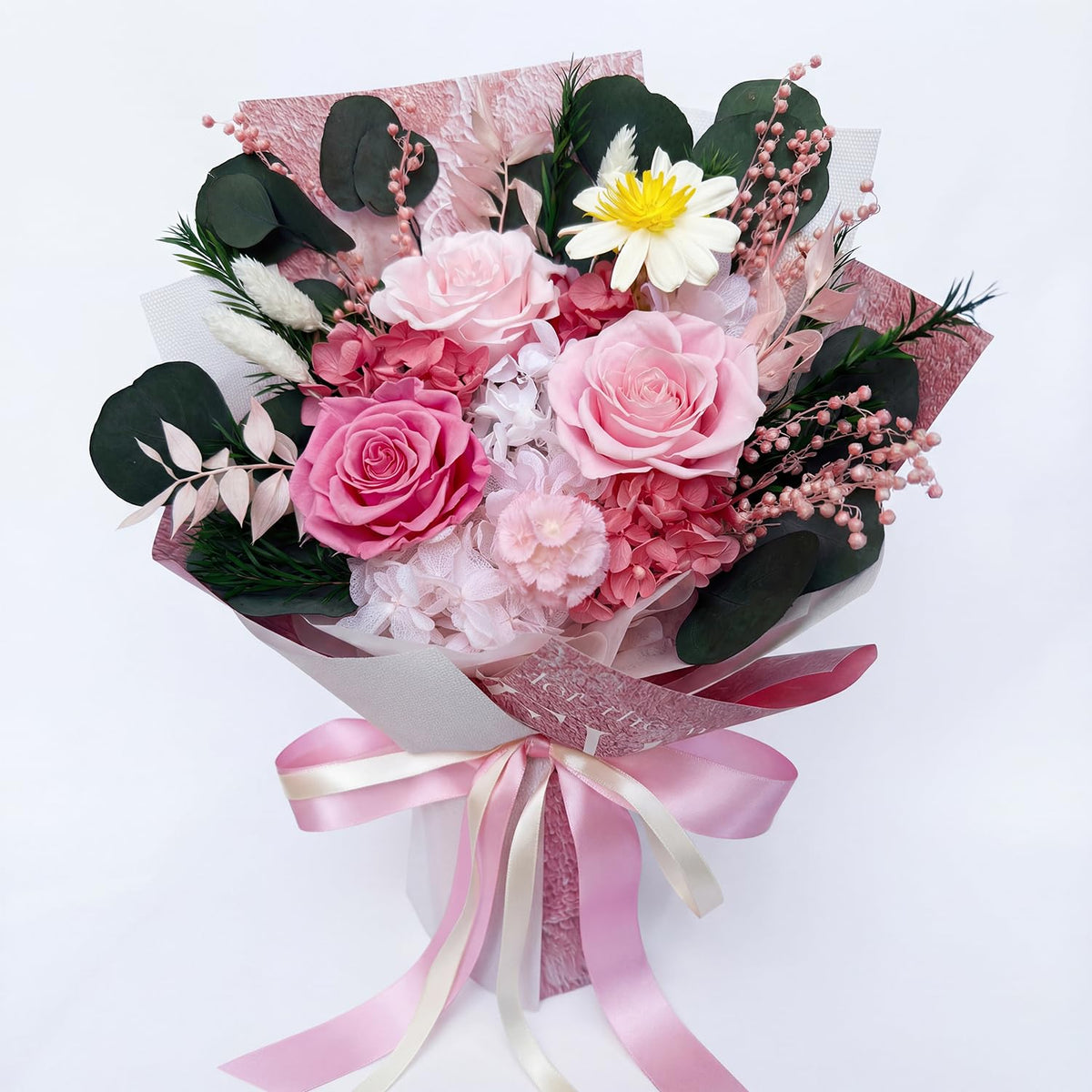 HUACHIPLUS Forever Flower pink bouquet with preserved roses for lasting beauty