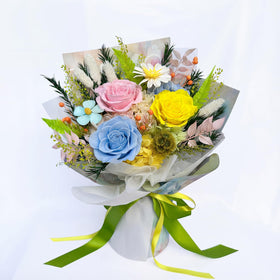 HUACHIPLUS Forever Flower pink rose bouquet with lavender accents, a lasting gift of affection.