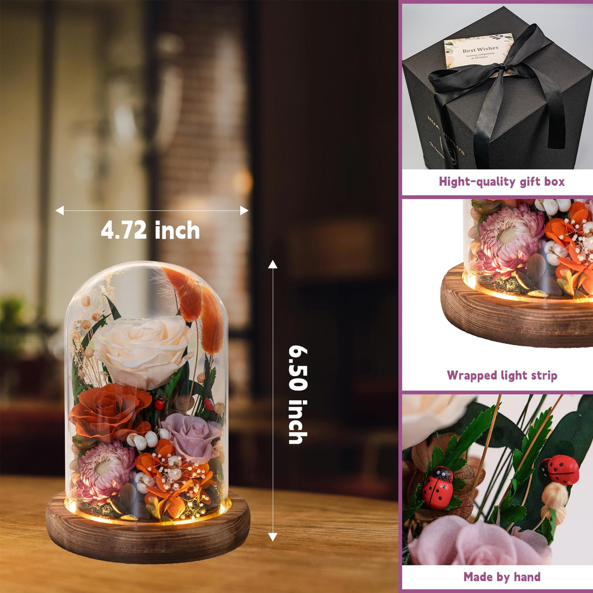 HUACHIPLUS LED glow enhances the flower dome with ambient light.