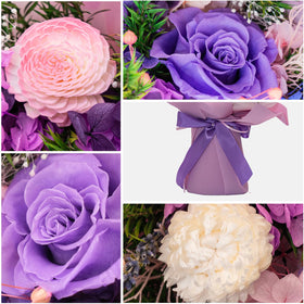 Detail of roses with lavender and hydrangea accents for romance.
