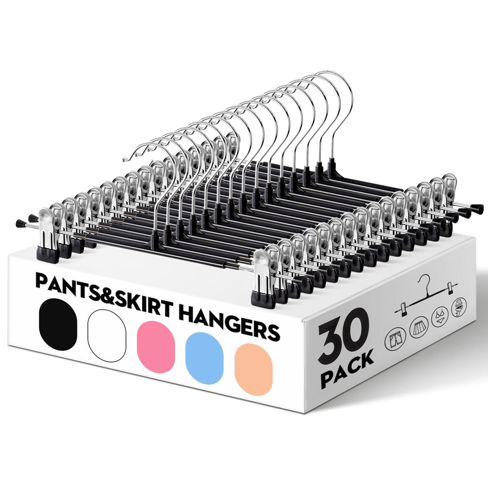HUADYMEET 30-pack 12-inch pants hangers with clips for sturdy closet organization and rust resistance.