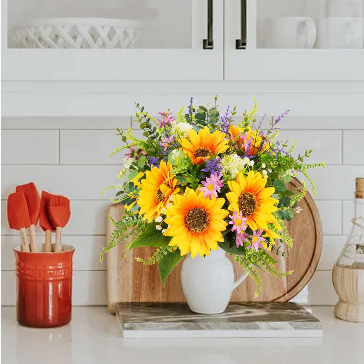 HUAESIN fake sunflowers mix with purple daisy and lavender for vibrant home decor