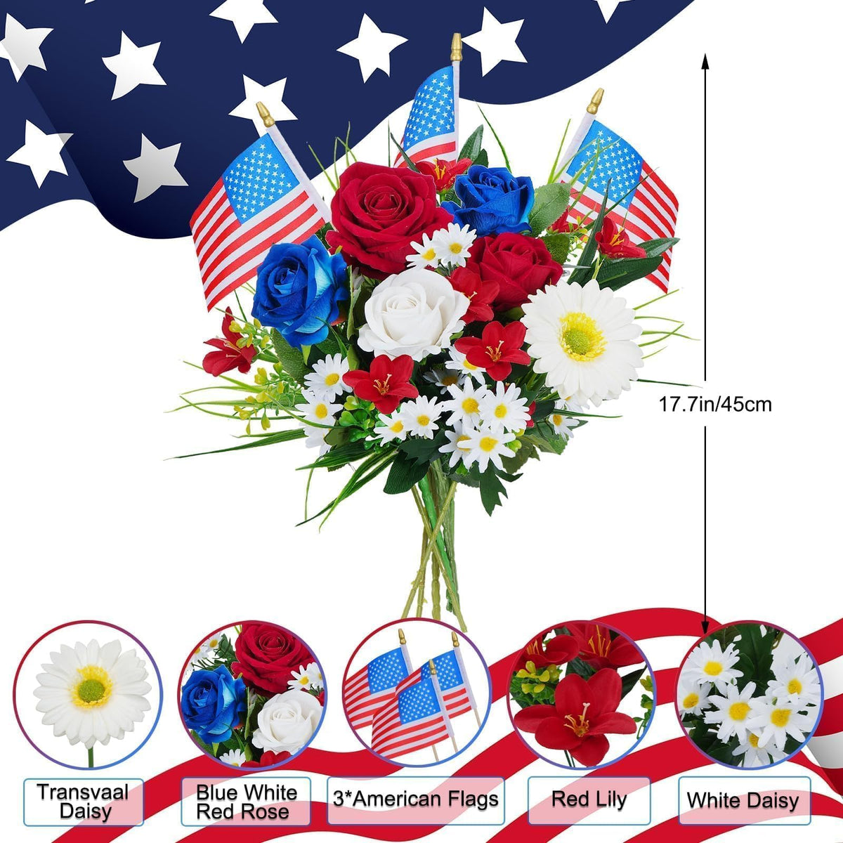HUAESIN patriotic flower bouquet with six stems, perfect for 4th of July decor
