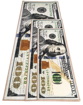 HUAHOO Money Rugs in living room displays bold dollar motif.