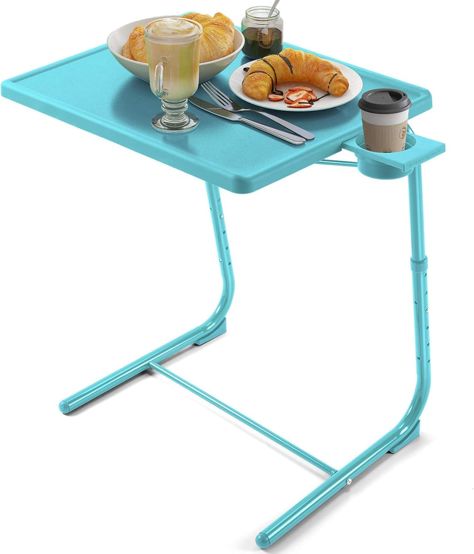 HUANUO azure adjustable TV tray at sofa edge for comfortable dining.
