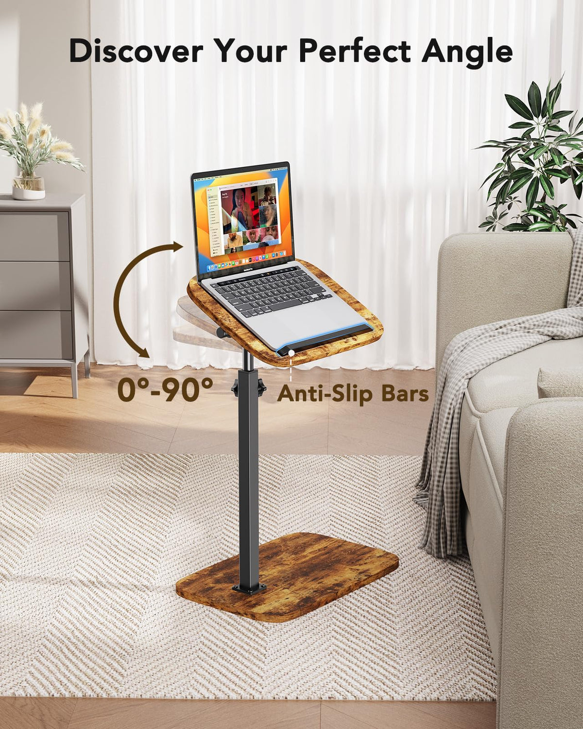 HUANUO couch-side table with anti-slip bar keeps drinks stable.