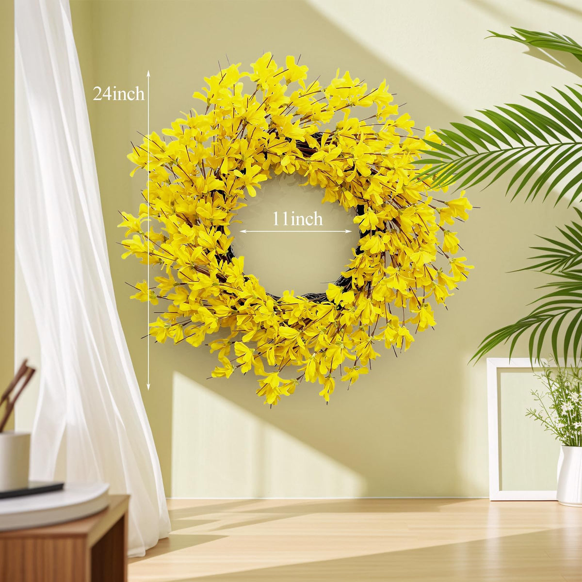 Huashen 24 inch grapevine wreath showcases bright forsythia for seasonal ambiance.