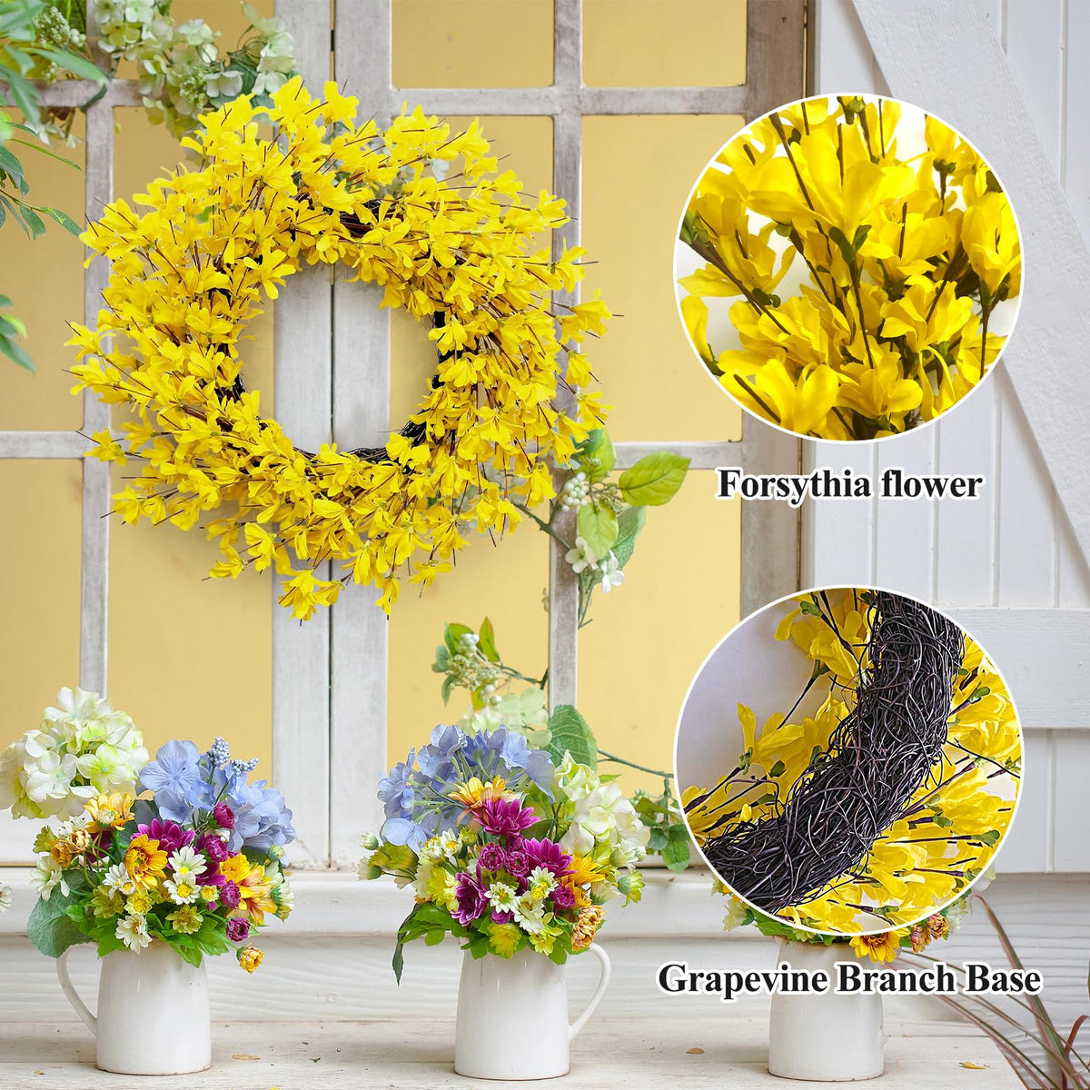 Huashen forsythia wreath is suitable for indoor or outdoor display.