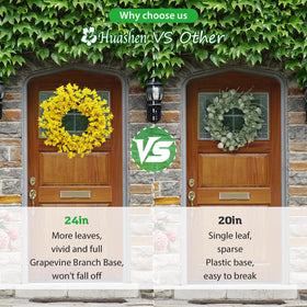 Huashen front door wreath enhances entryway with cheerful spring color.