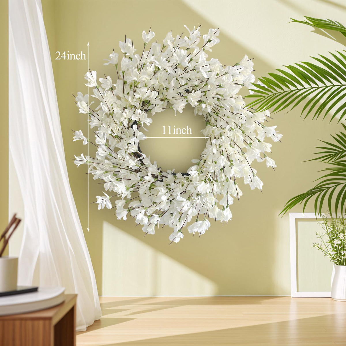 Huashen front door wreath with forsythia blooms for a welcoming entry.