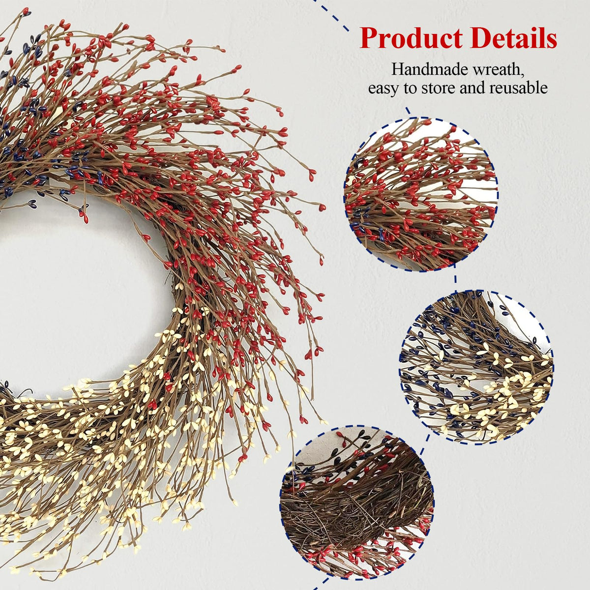 Huashen red white blue berries wreath ideal for porch or window display.
