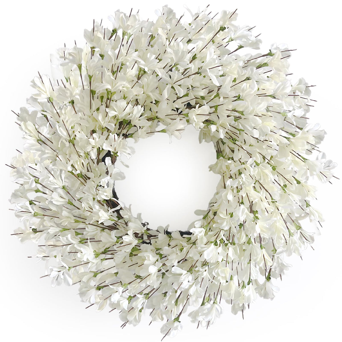 Huashen spring wreath with forsythia flowers enhances front door curb appeal.