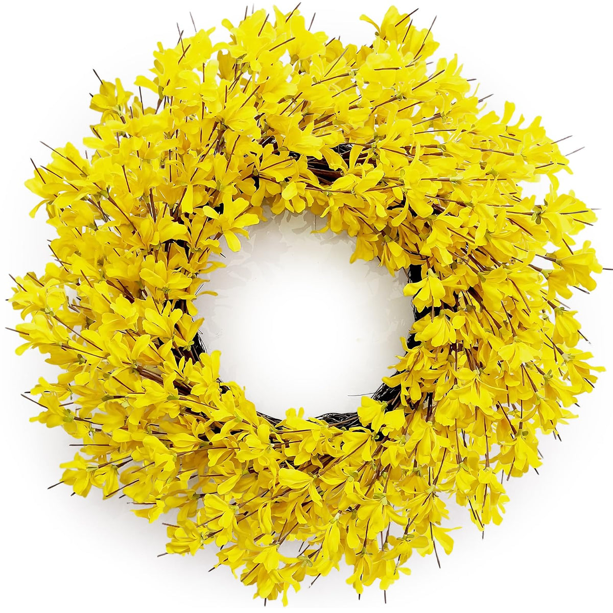 Huashen spring wreath with forsythia blooms enhances front door curb appeal.
